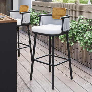 2 Pieces Outdoor Patio Teak & Aluminum 41" Counter Height Bar Stools Set with Backs
